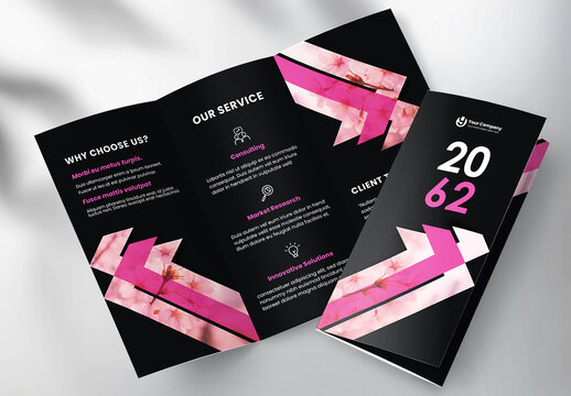 Corporate brochure design template &ndash; Professional modern tri-fold leaflet with geometric layout and business theme in Pink and Black