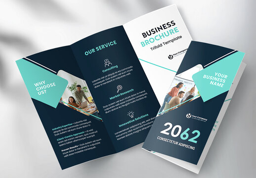 Corporate brochure design template &ndash; Professional modern tri-fold leaflet with geometric layout and business theme in Green and Black