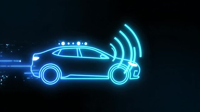 Neon Car Outline in the Night with Electric Glow and Signals.