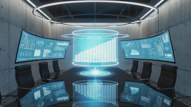 Futuristic Boardroom with Holographic Business Analytics Display
by curved digital dashboards, symbolizing innovation, strategic growth, power of data driven leadership in modern enterprise