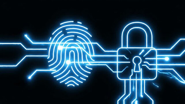 Futuristic Neon Blue Fingerprint and Circuit Security Scene.