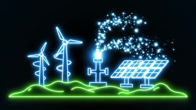 Neon Renewable Energy Landscape With Wind Turbines And Solar Panels.