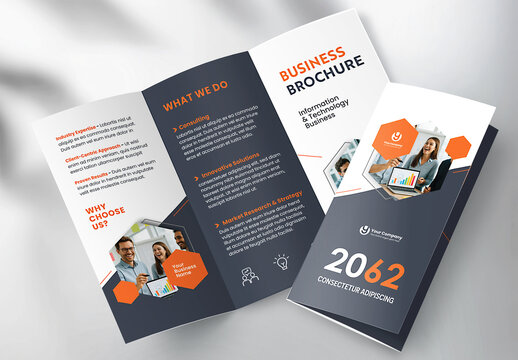 Corporate brochure design template &ndash; Professional modern tri-fold leaflet with geometric layout and business theme in Orange and Dark Gray