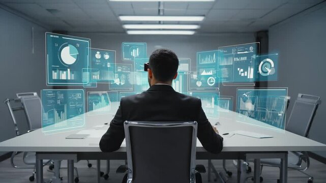 Corporate executive wearing augmented reality glasses  interacting with floating holographic dashboards filled with financial charts and performance metrics, data-driven strategy