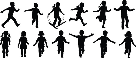 Fototapeta premium Children, silhouettes, activity, play, running, walking, , fitness, exercise, outdoor, sports, recreation, healthy, lifestyle, dynamic, poses, playful, icons, flat vector illustration
