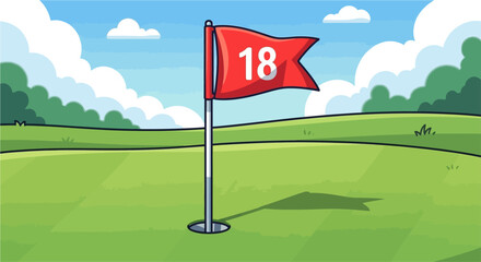 A red golf flag with the number 18 on a green golf course under a blue sky with white clouds, indicating the hole.