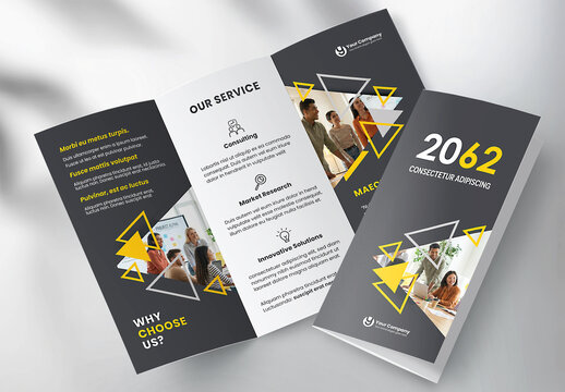 Corporate brochure design template &ndash; Professional modern tri-fold leaflet with geometric layout and business theme in Yellow and Black 