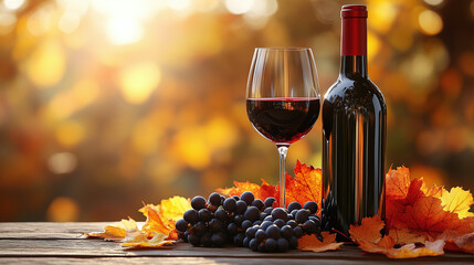Autumn Wine Still Life with Bottle, Glass and Fall Foliage  