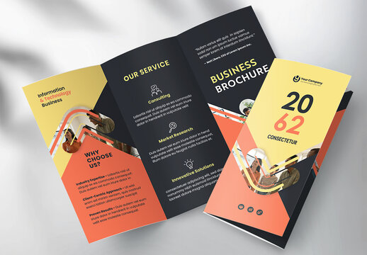 Corporate brochure design template &ndash; Professional modern tri-fold leaflet with geometric layout and business theme in Yellow and Orange
