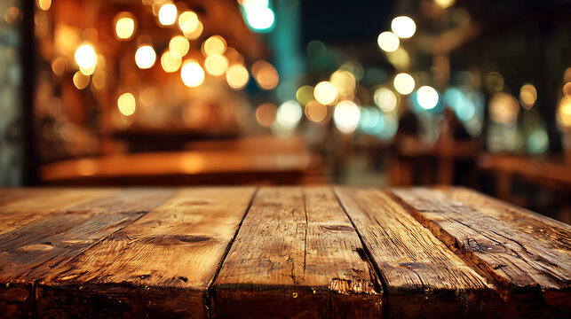 Rustic wooden table in a cozy outdoor setting with blurred background lights at night