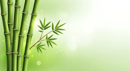 Obraz premium Bamboo stalks with green leaves on a gradient light green background with white highlights