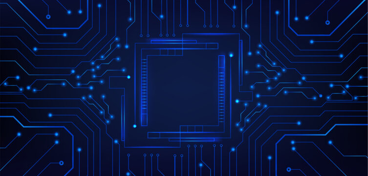 Hi tech circuit board frame with glowing blue lines and futuristic digital patterns, vector realistic illustration. High tech abstract electronic backdrop with square border and neon light
