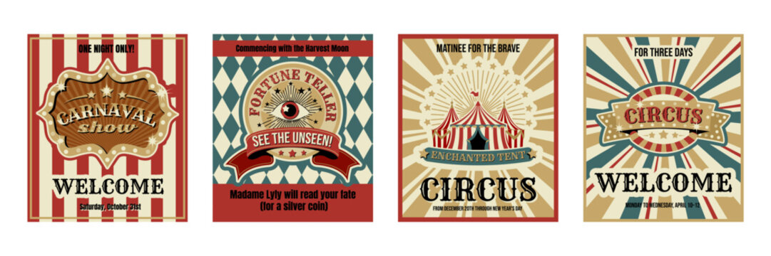 Retro circus carnival cards set, poster design with classic striped tent. Vintage vector illustration, fair striped background, ornamental borders for festive flyer layouts and event promotions
