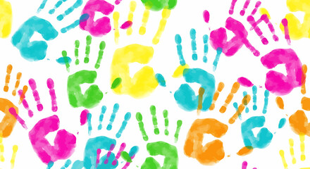 colorful hand prints on white background