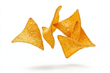 Flying nacho chips isolated on white background capture food in motion during snack time enjoyment