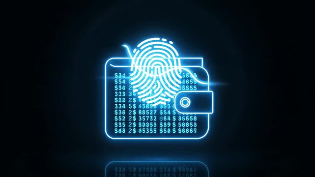 Neon Digital Wallet Security Icons with Fingerprint Lock.