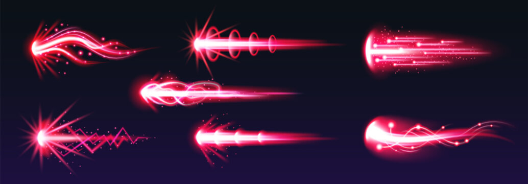 Cartoon fire blast effect with energy trails and glowing beams, isolated vector illustrations on black. Game gun effect UI design elements, comic style laser weapon with dynamic action, vibrant color