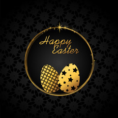 Elegant Golden Easter Greeting with Decorative Eggs, perfect for greeting cards, postcards, invitations, posters, covers, flyers, banners, or social media.