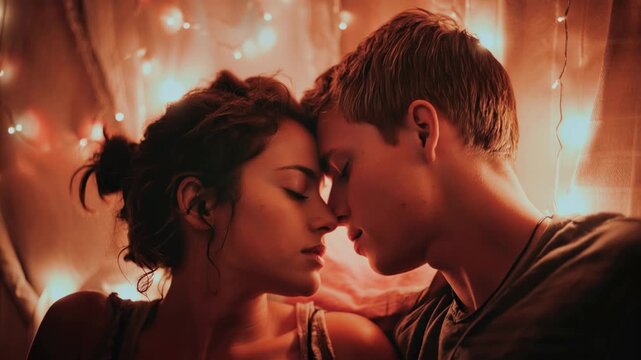 Couple sharing an intimate moment near warm glowing lights in a cozy indoor setting during evening hours