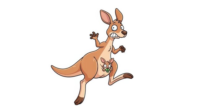 Scared cartoon kangaroo with joey in pouch, wide eyes and open mouth, brown fur, isolated on white
