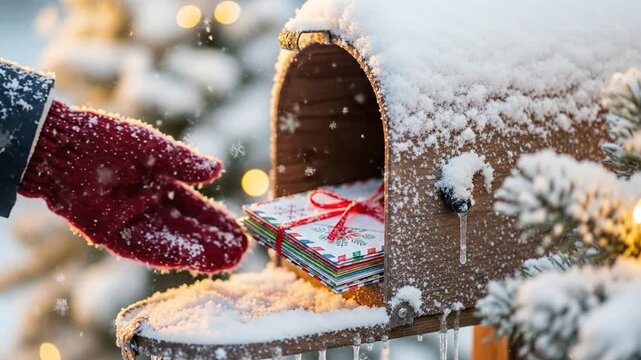 Hand Placing Christmas Letters into Rustic Mailbox in Snow