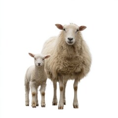 Fototapeta premium Adult sheep and lamb standing together on a white background