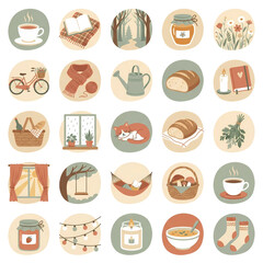 Hygge Cozy Lifestyle Round Icons Collection 