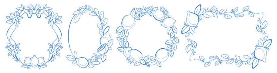 Italian lemon frame with citrus illustration. Mediterranean doodle blue ink sketch borders with fruits, leaves and flowers vector set isolated on white. Summer line art, vintage design templates