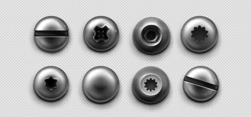 Fototapeta na wymiar Metal screws and bolts with different head types, realistic vector illustration top view. 3d steel hardware elements, nuts and rivets with silver polish effect isolated on transparent background