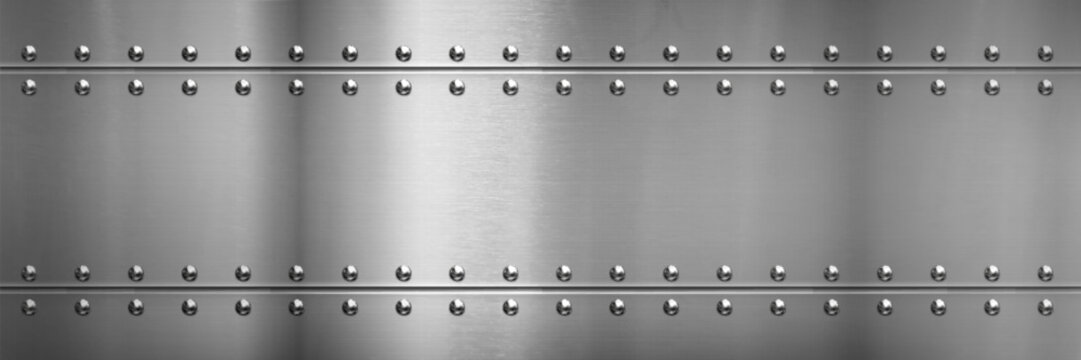 Steel metal border, background with rivets and iron texture, vector illustration. Polished silver sheet, aluminum surface panel with bolts, realistic scratches and metallic sheen, airplane wall design