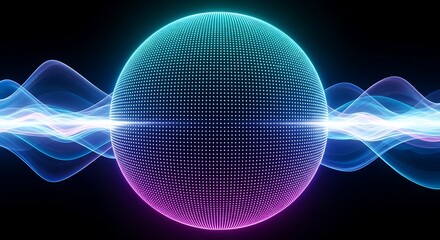 Glowing blue and pink digital sphere with radiant wave patterns on a black background