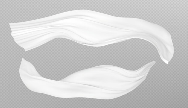 White silk fabric flowing in the air, realistic vector isolated on transparent background. Smooth cloth, textile with soft curves, flying wind movement or falling effect. Satin drape for luxury design