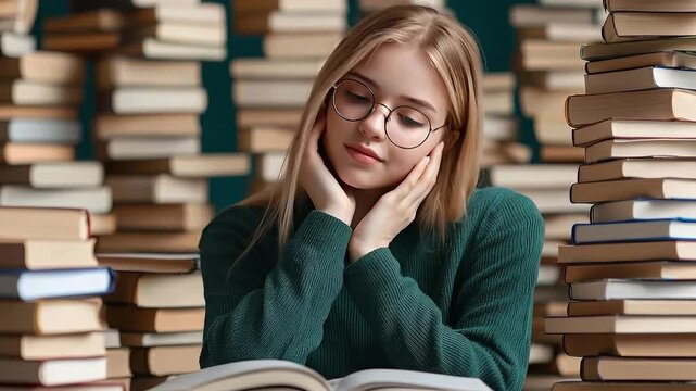 Young woman lost in thought reading a book surrounded by stacks of books in library