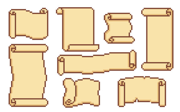 Pixel art game scrolls, vintage parchment texture frames and decorative borders, cartoon vector isolated on white. Treasure maps templates, medieval banners, or retro video game UI design elements