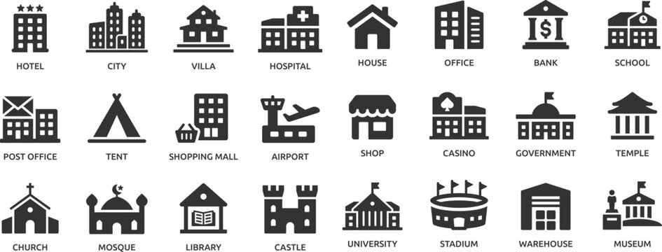 Building icon set. Containing house, office, bank, school, hotel, shop, university and hospital icons. Solid icon collection.
