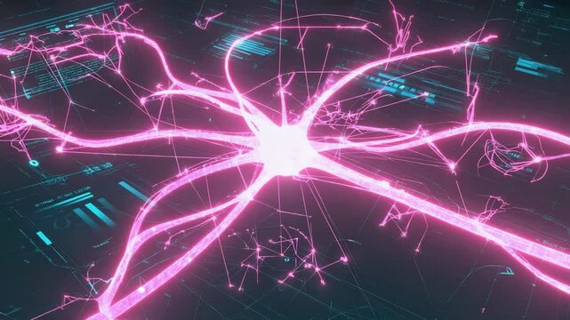 Bright pink electrical synapses radiate from a central glowing core, spreading across a dark technological interface filled with digital charts and connection lines, neural activity, and high speed