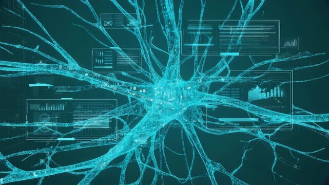Glowing Neural Brain Core connections across a dark background while transparent analytics dashboards and charts float around it, symbolizing artificial intelligence processing, big data analysis