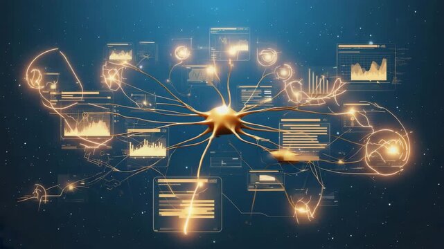 Glowing Neural Network Brain with Digital Analytics Dashboard and Global Data Connections, big data processing, global communication, and futuristic technology innovation