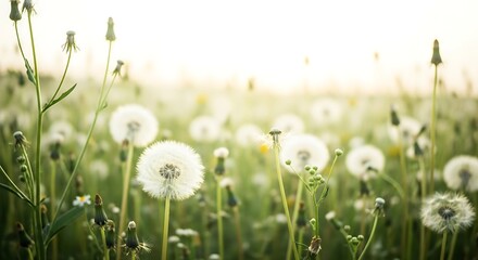 Dandelion flowers in a green field at sunset with white fluffy seeds and blurred background