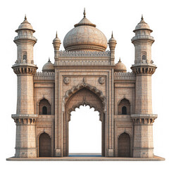 Fototapeta premium Ornate sandstone archway with minarets, ancient Indian gateway with intricate carvings and Islamic architecture isolated on transparent background