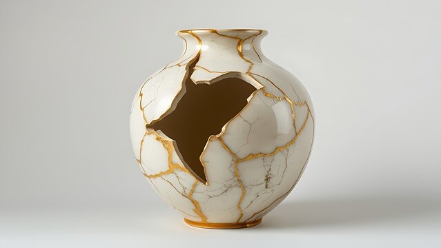 bennington. Shattered ceramic vase repaired with golden lacquer, kintsugi art on simple background. event programs, museum guides, designed for cultural heritage projects and event programs.