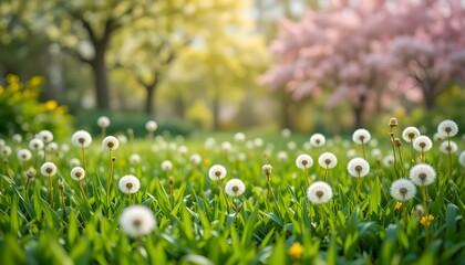 Beautiful Spring Blurred Nature Landscape Green Grass Blooming Dandelions Flowering Trees