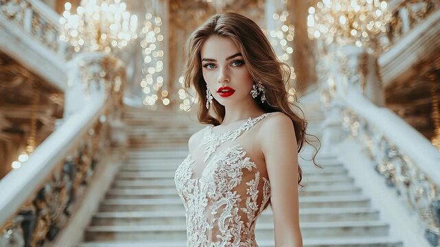 Alluring Woman in Red Gown Gazing Backwards on Grand Staircase