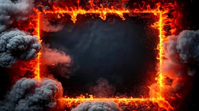 Fiery border with smoke plumes and glowing embers dark background
