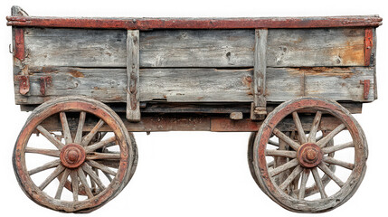 Obraz premium Old weathered wooden wagon with red accents and spoke wheels isolated on transparent background
