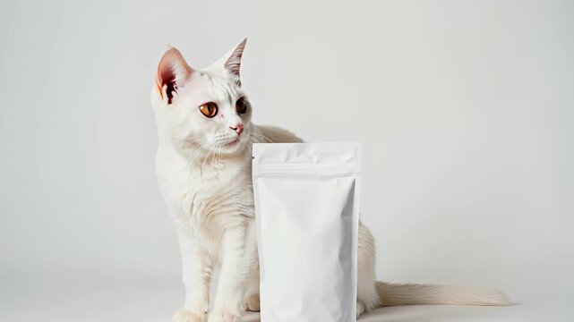 Curious white Persian cat sits attentively on a white surface, showcasing a focused and inquisitive expression in a clean studio environment.