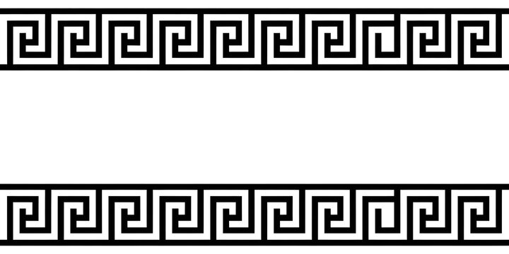 Black and white greek key border design on white background