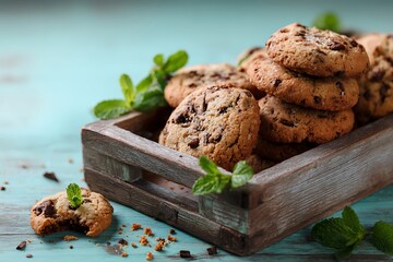 A rustic wooden tray filled with freshly baked chocolate chip cookies, some stacked and some scattered with crumbs, soft pastel mint green background, intricate lighting and details