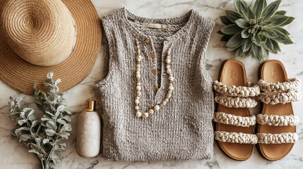 A cozy fashion flatlay features a knitted vest, straw hat, and stylish sandals, alongside a succulent and textured bottle, perfect for conveying summer vibes