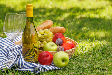 Fototapeta premium Picnic with wine, fruits, and baguette on a green meadow